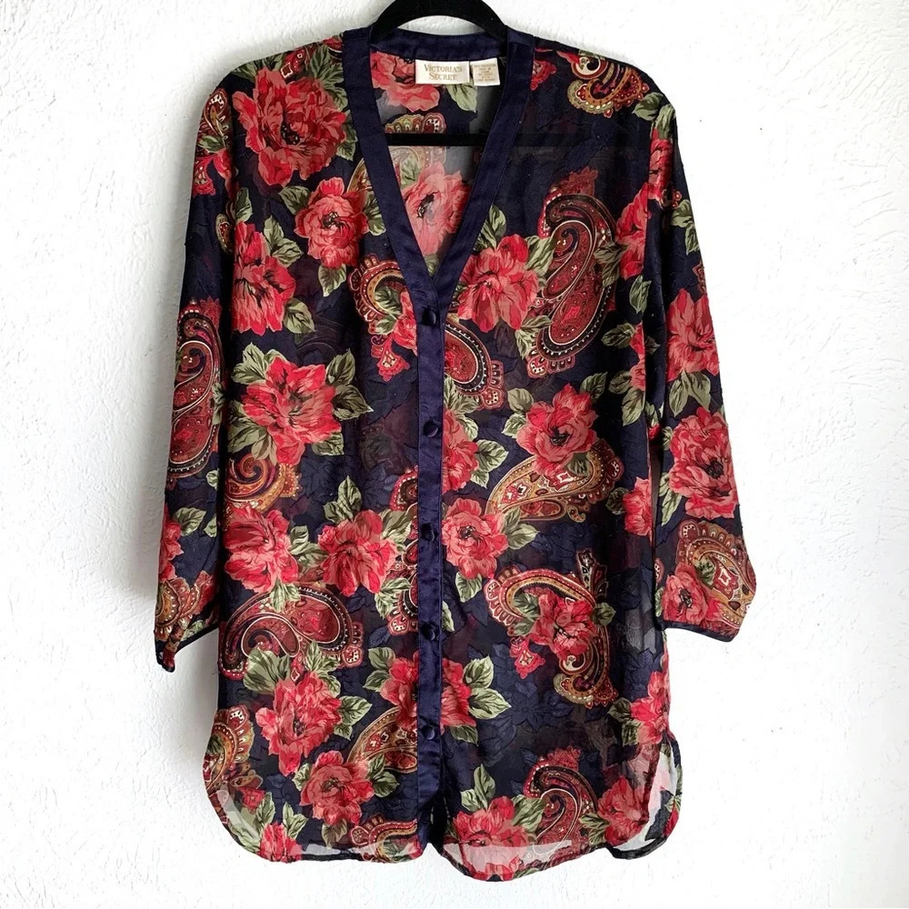 Victoria's Secret Vintage Gold Label Button Down Floral Nightshirt Small